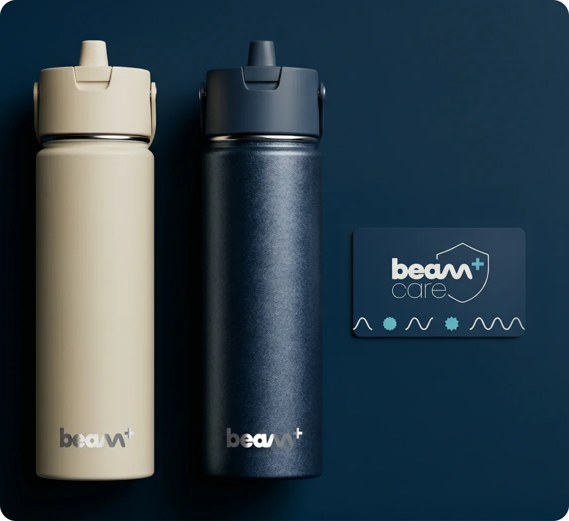 Beam+ bottles and Beam+ Care membership card
