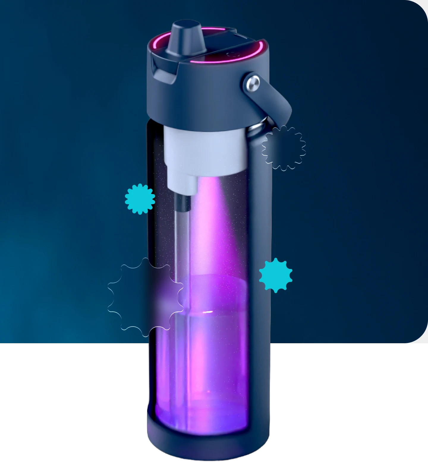 DuoCore bottle cutaway showing UV-C sterilization