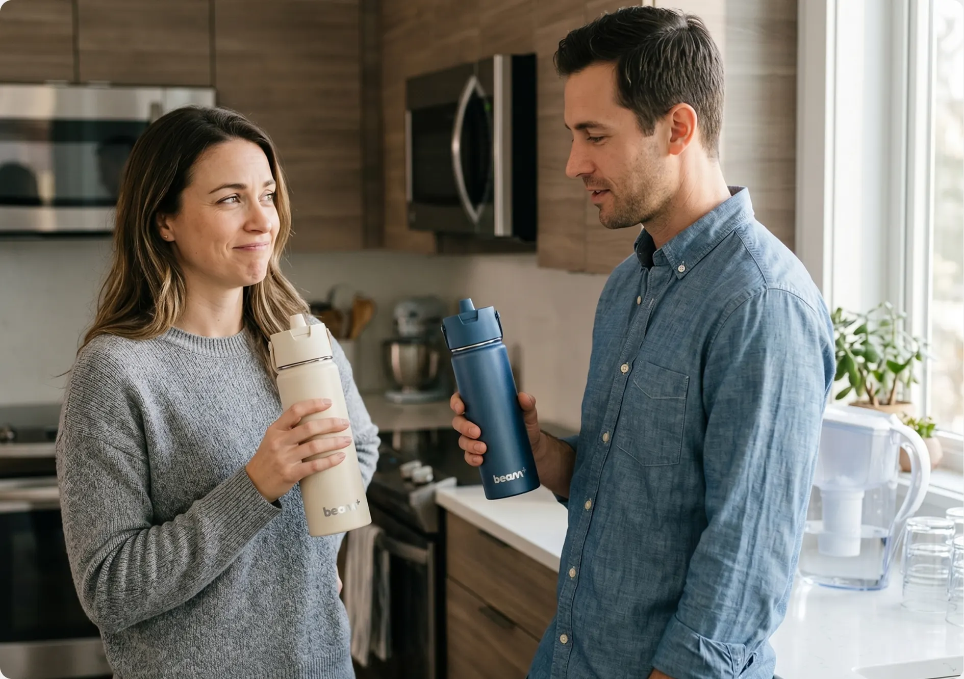 Two Beam+ bottles in a home kitchen beside a filter pitcher