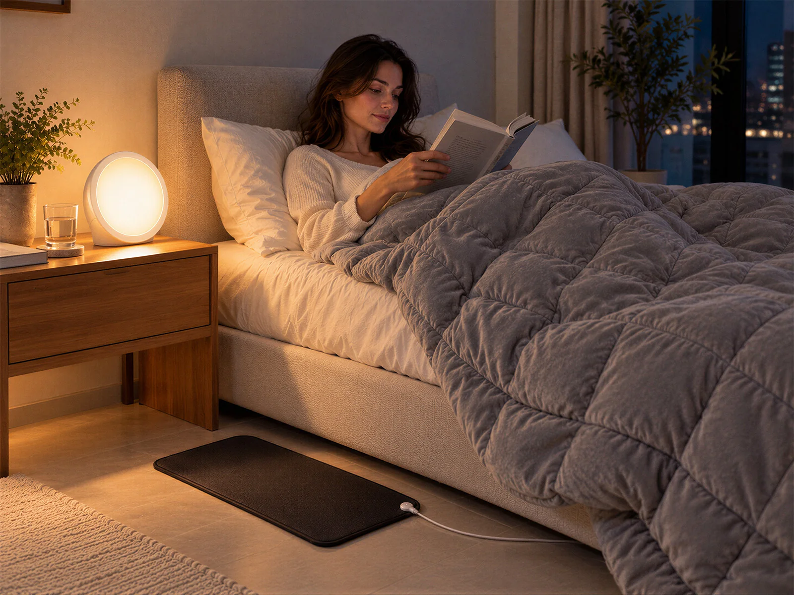 A woman reading in bed under the Stillweight weighted blanket, with the Sunniva lamp glowing on the nightstand and the Equilibrium grounding mat on the floor