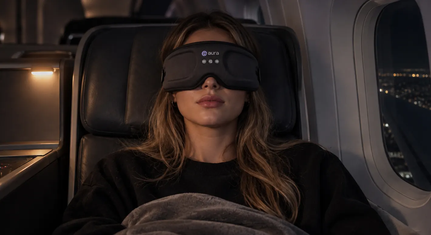 A woman asleep on a plane wearing the Aura mask