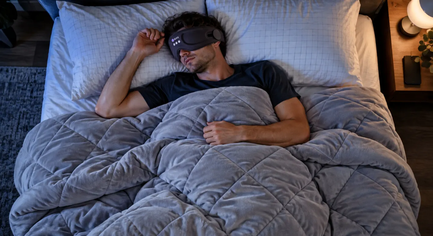 A man asleep under a Stillweight blanket wearing the Aura mask