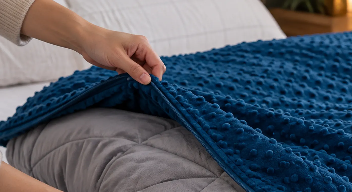 A Stillweight blanket in its minky cover