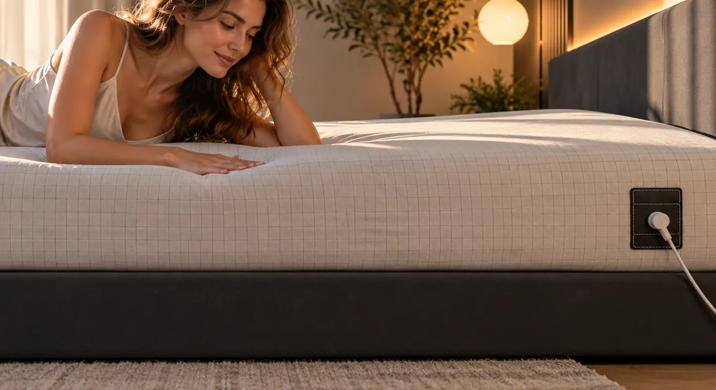 A woman resting on a bed made with the Equilibrium fitted sheet