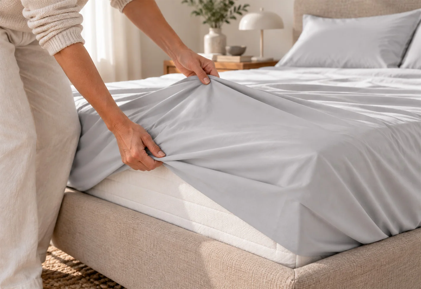 Hands fitting a Silver Mist SilverThread sheet over a mattress