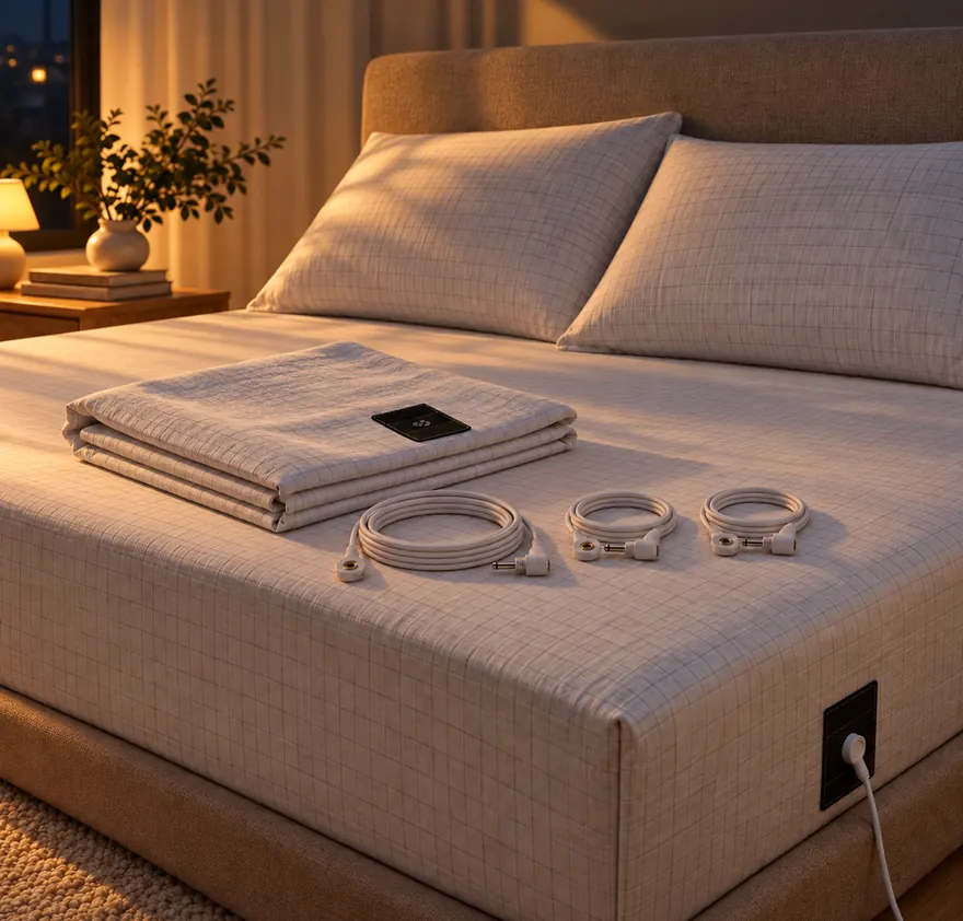 Equilibrium fitted sheet and pillowcases on a bed