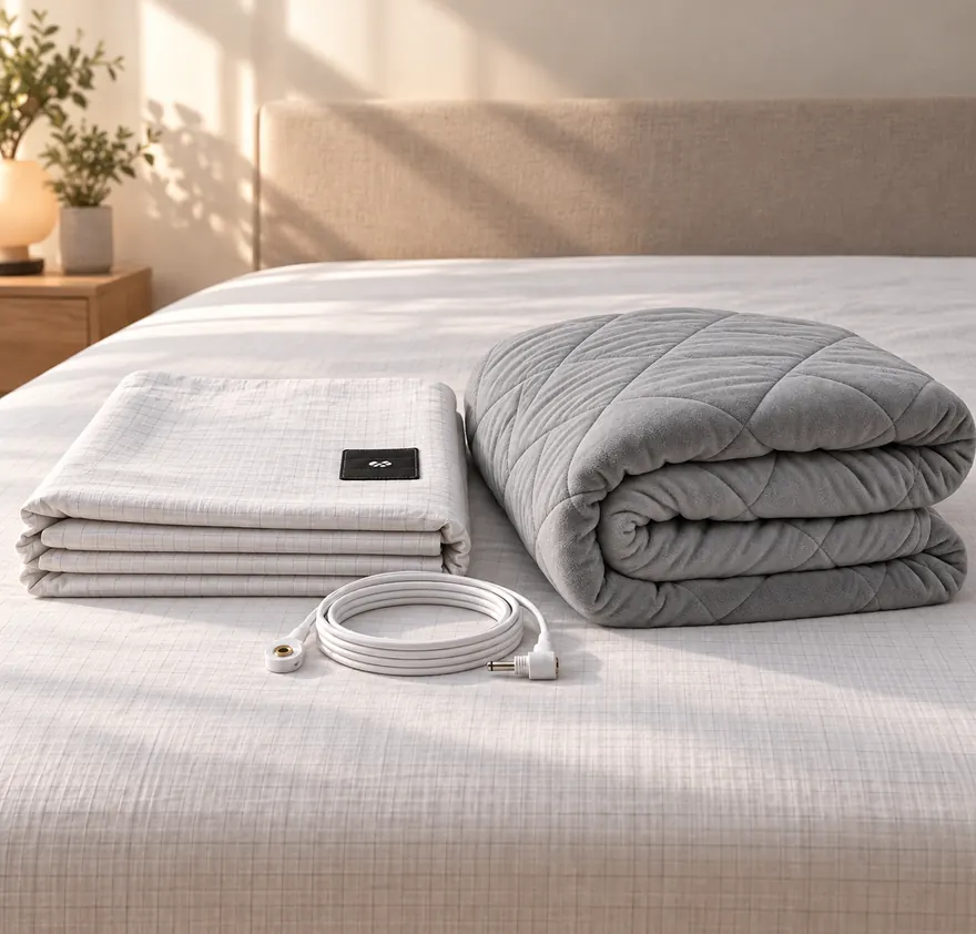 Equilibrium sheet and Stillweight blanket folded on a bed