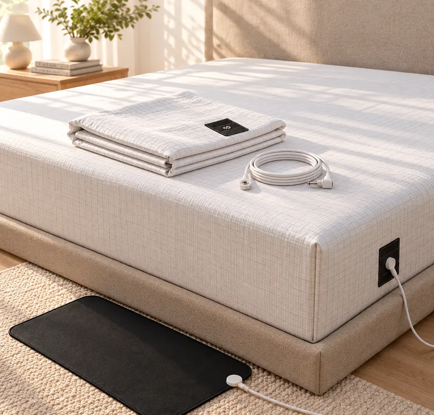 Equilibrium fitted sheet with the grounding mat beside the bed