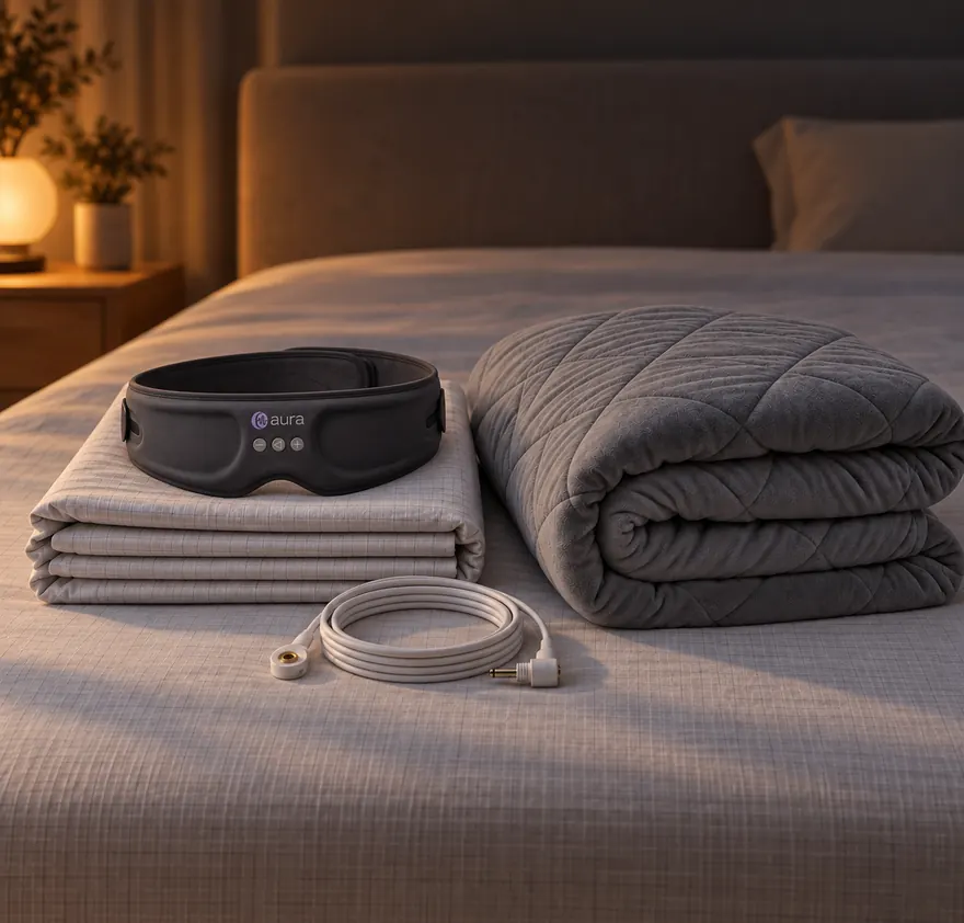 Sheet, Stillweight blanket and Aura mask together on a bed