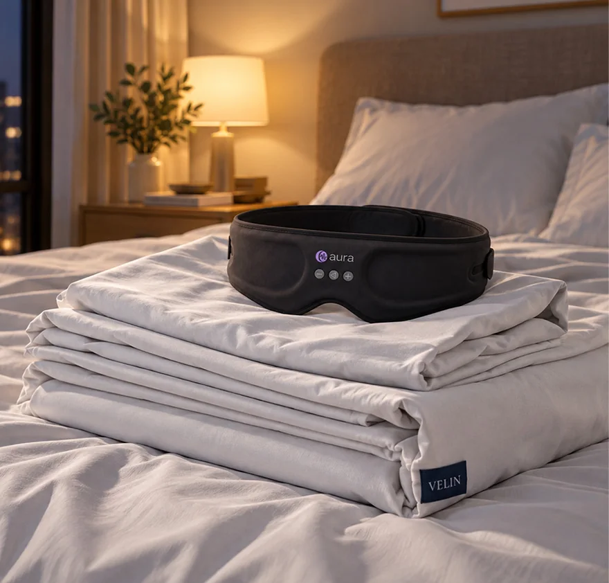 Aura sleep mask resting on folded SilverThread sheets