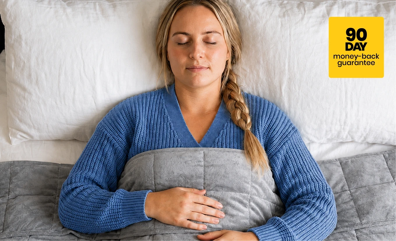 Person waking up refreshed after a full night of sleep with the Velin Weighted Blanket