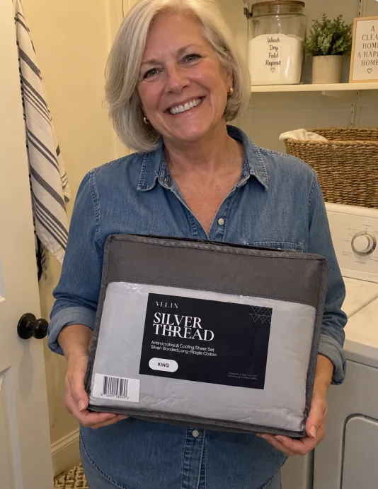 Danielle R. holding her Velin Silver Thread sheet set
