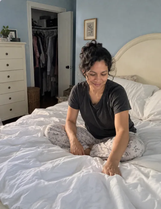 Customer making her bed with Velin sheets