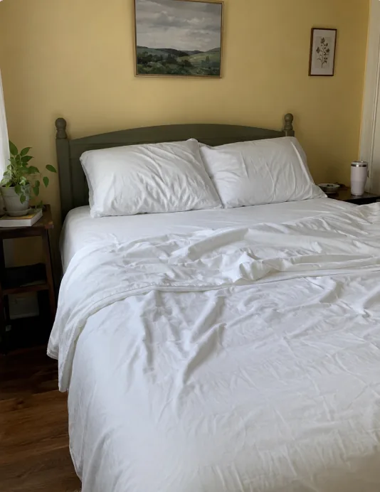 Bed made with beige Velin Silver Thread sheets