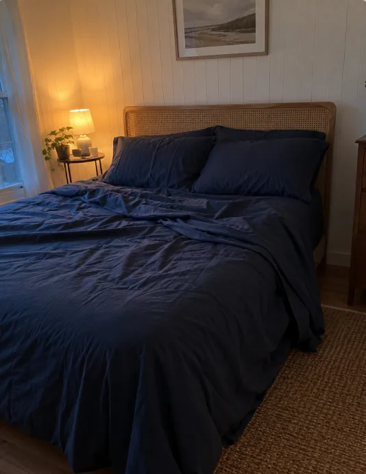 Bed made with navy Velin Silver Thread sheets