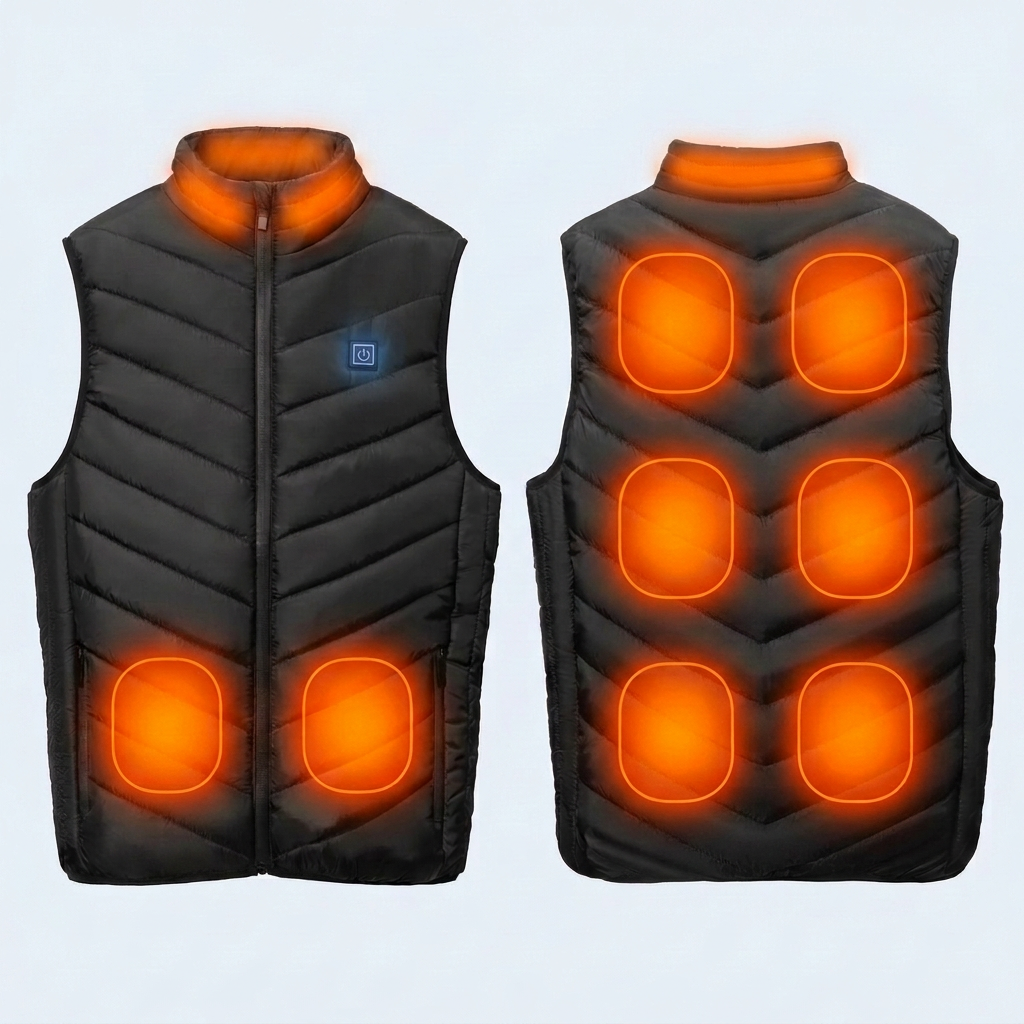 Front and back heating zone map of the Solana Gear Heated Vest