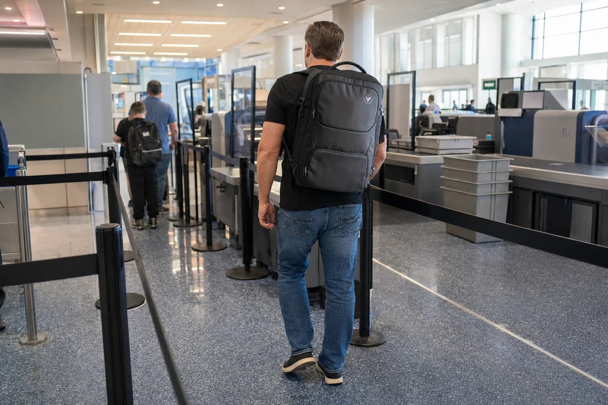A traveller walking through airport security wearing the Voyge Backpack