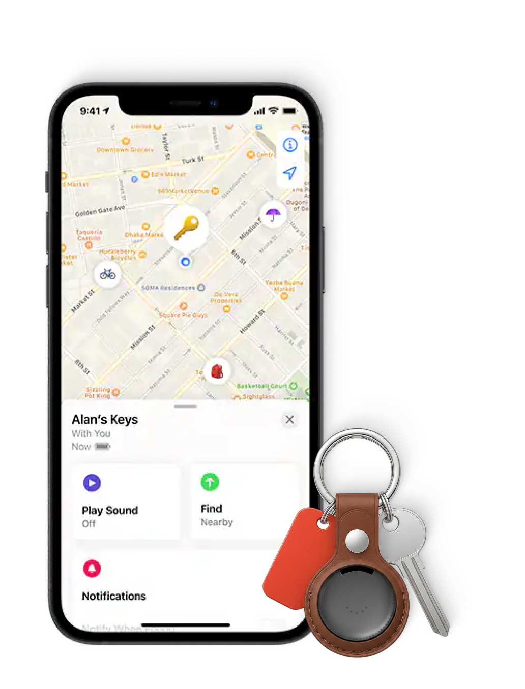 Voyge Tag on a key ring next to an iPhone showing Find My