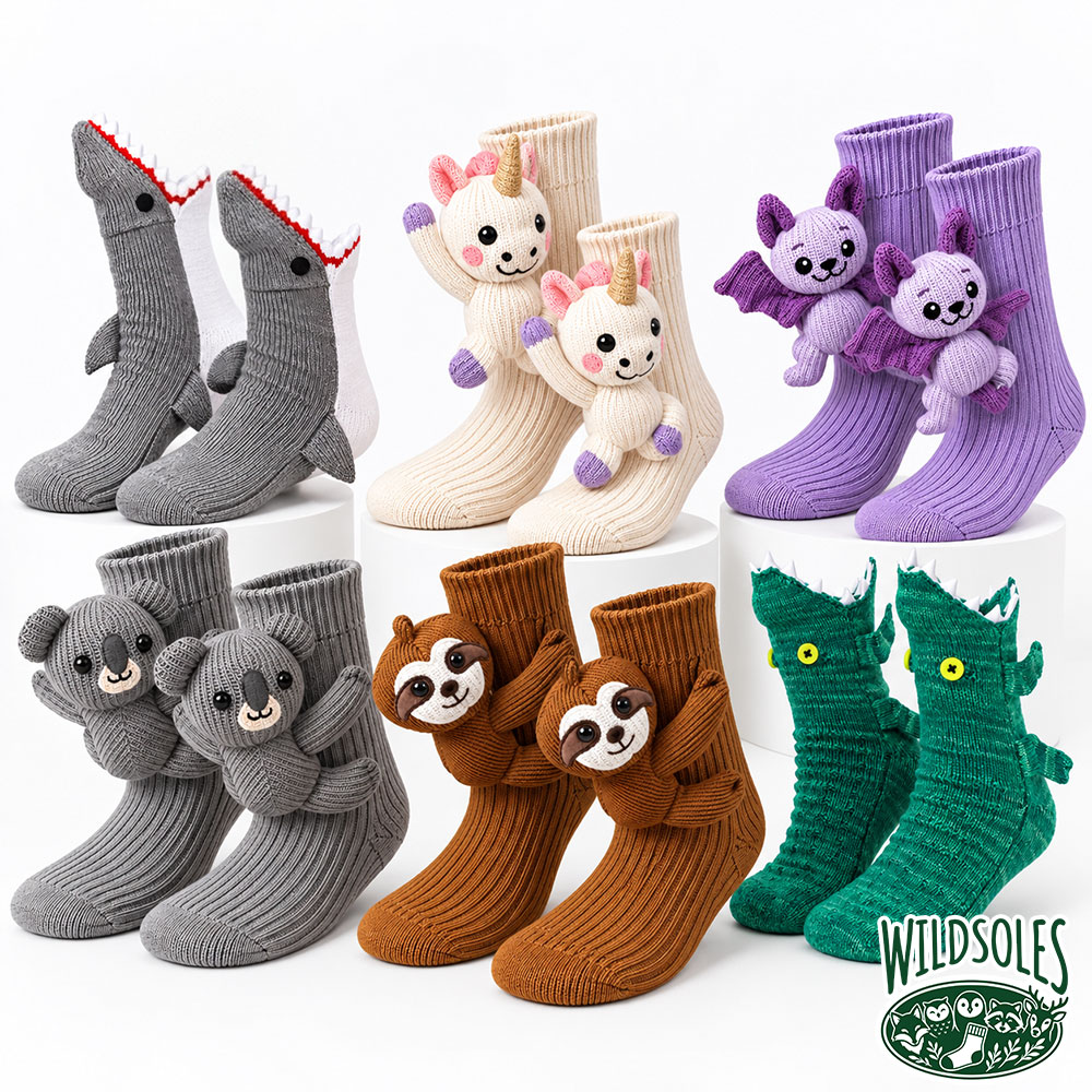 All six Wildsoles animal sock designs together