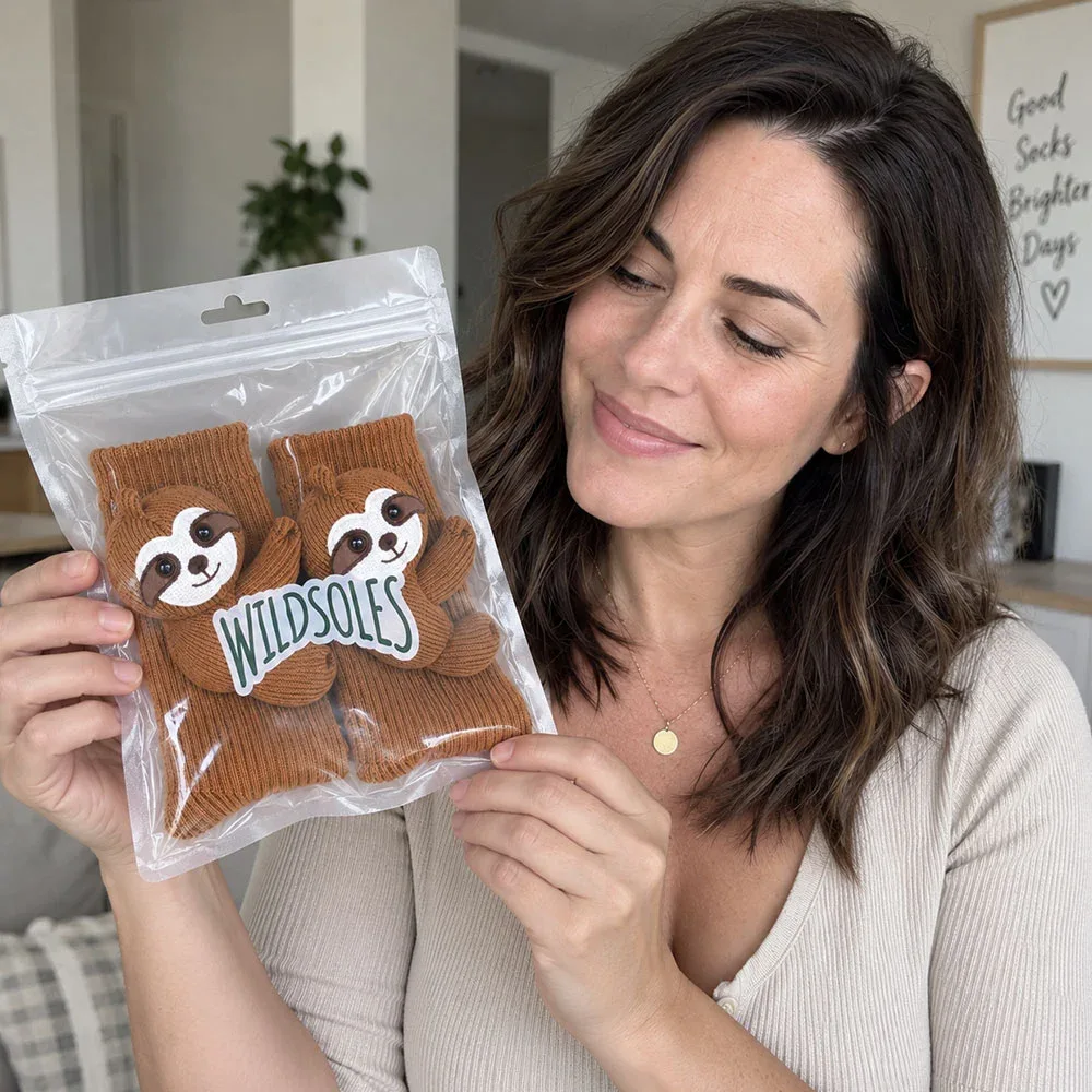 A woman enjoying a gift of packaged sloth Wildsoles
