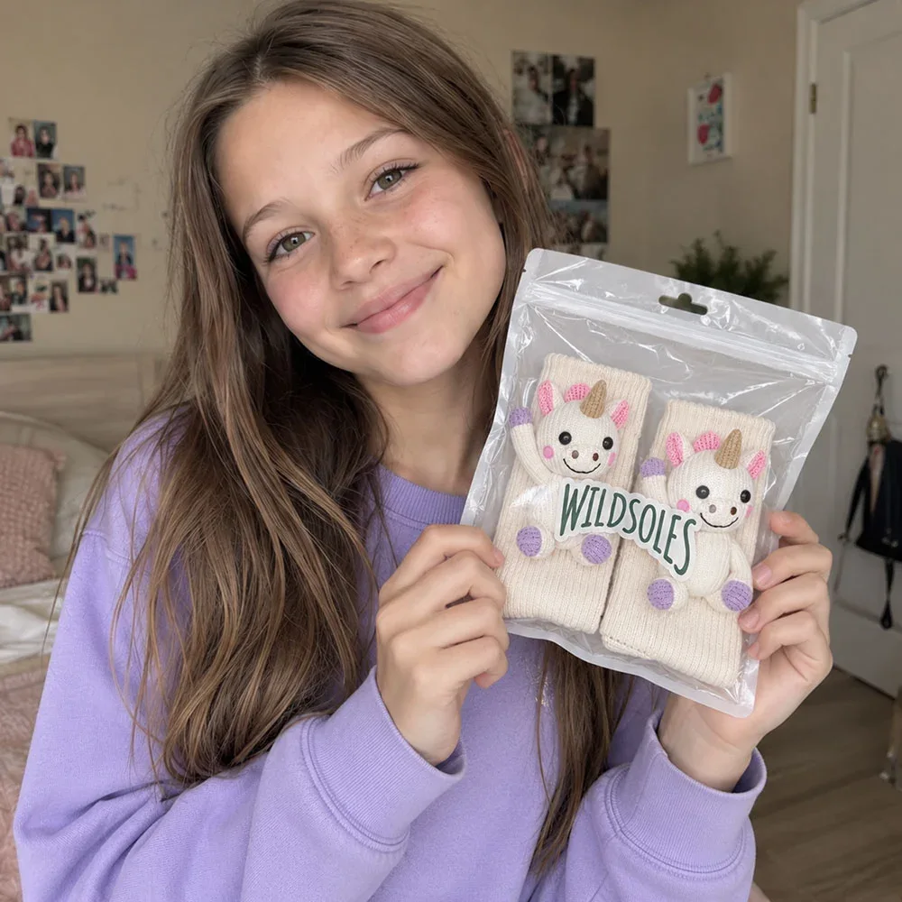 A happy recipient holding her packaged unicorn Wildsoles