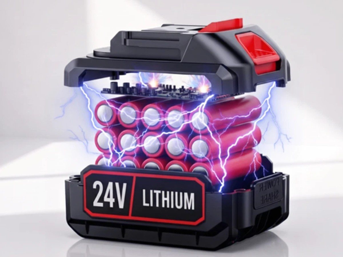 A 24V lithium-ion WOODRANGER battery, cut away to show its cells