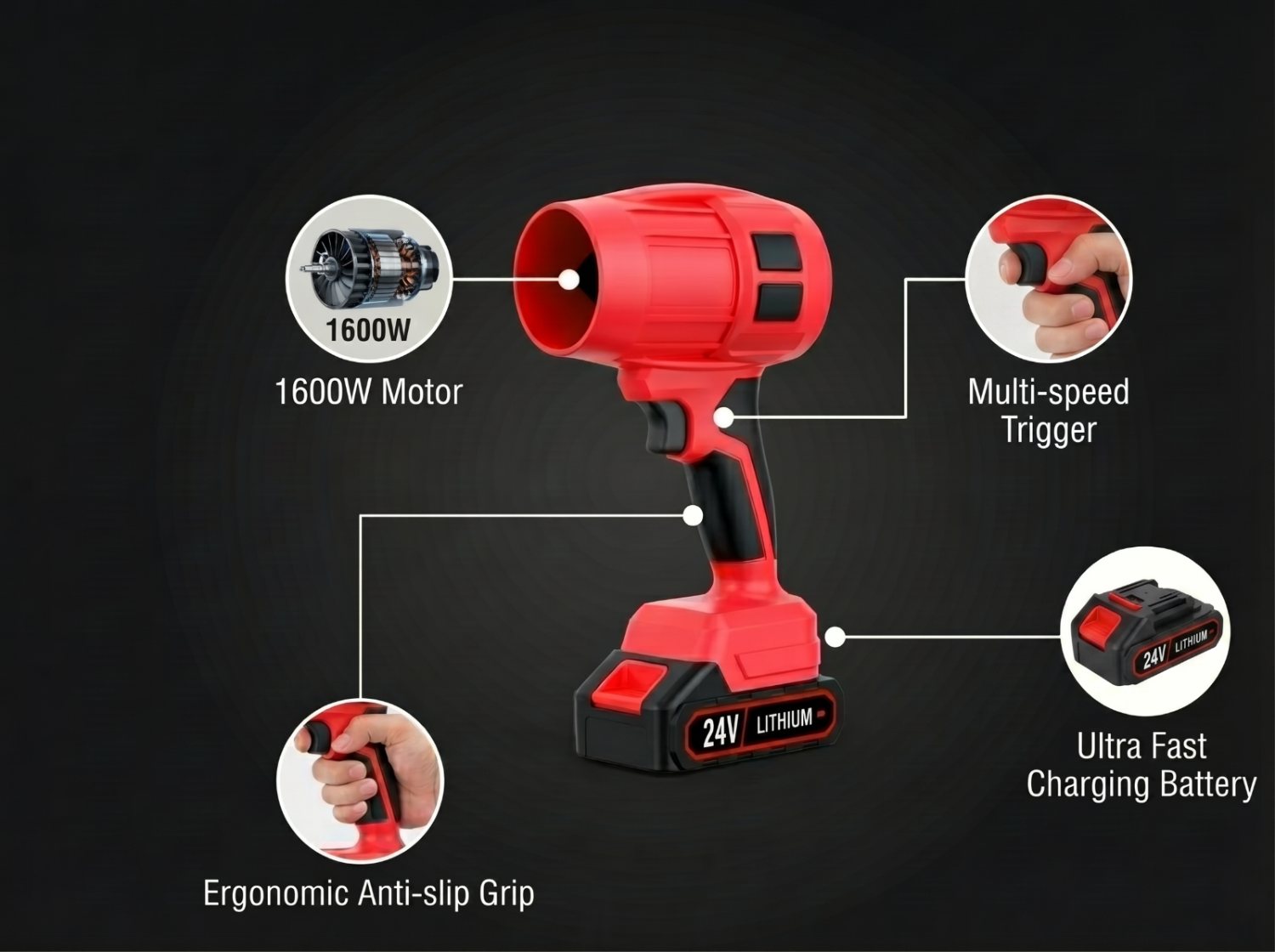 WOODRANGER Power Leaf Blower labelled: 1600W motor, variable-speed trigger, ergonomic anti-slip grip, 24V lithium battery.