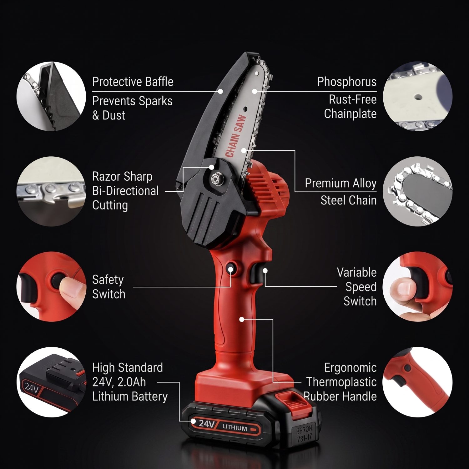WOODRANGER Mini Chainsaw labelled: protective baffle prevents sparks and dust, razor sharp bi-directional cutting, safety switch, high standard 24V 2.0Ah lithium battery, phosphorus rust-free chainplate, premium alloy steel chain, variable speed switch, ergonomic thermoplastic rubber handle.