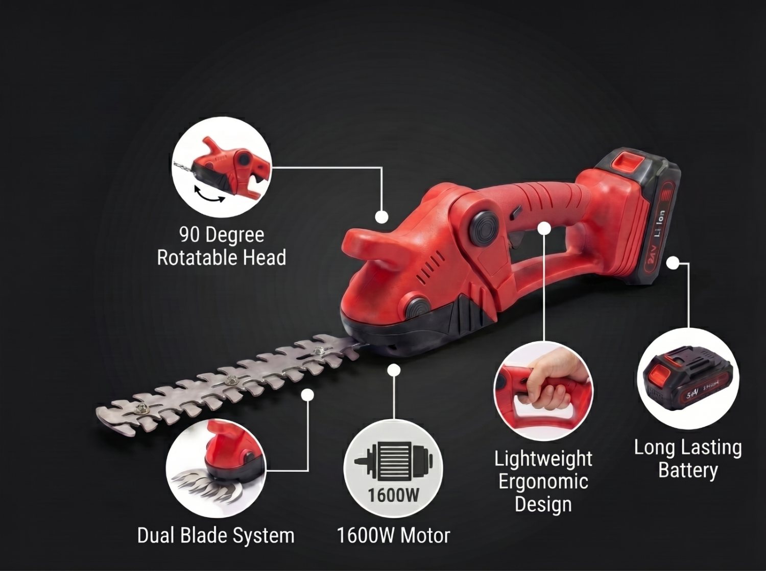 WOODRANGER Power Hedge Trimmer labelled: 90 degree rotatable head, dual blade system, 1600W motor, lightweight ergonomic design, long lasting battery.