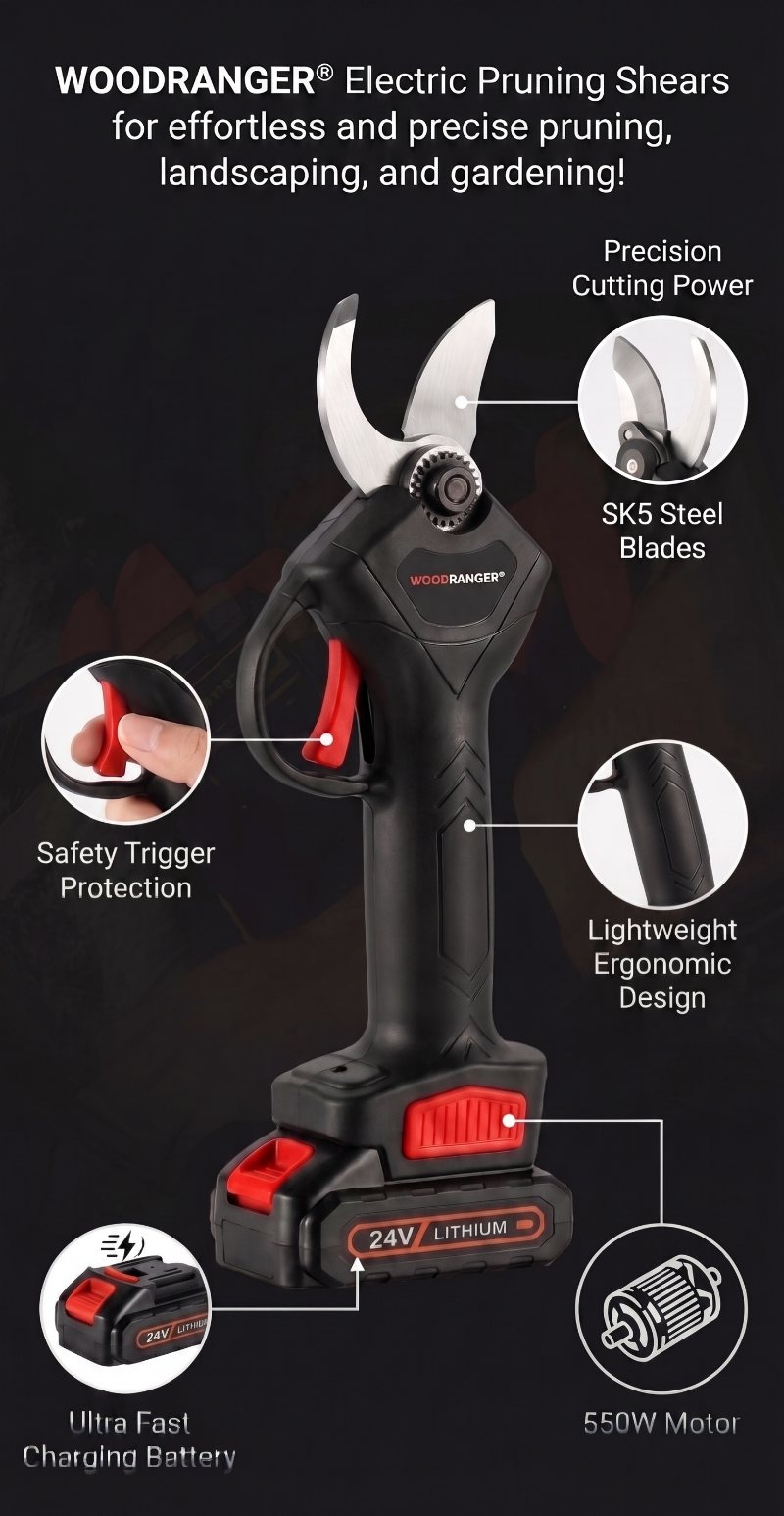 WOODRANGER Power Shears labelled: precision cutting power, SK5 steel blades, safety trigger protection, lightweight ergonomic design, ultra fast charging battery, 550W motor.