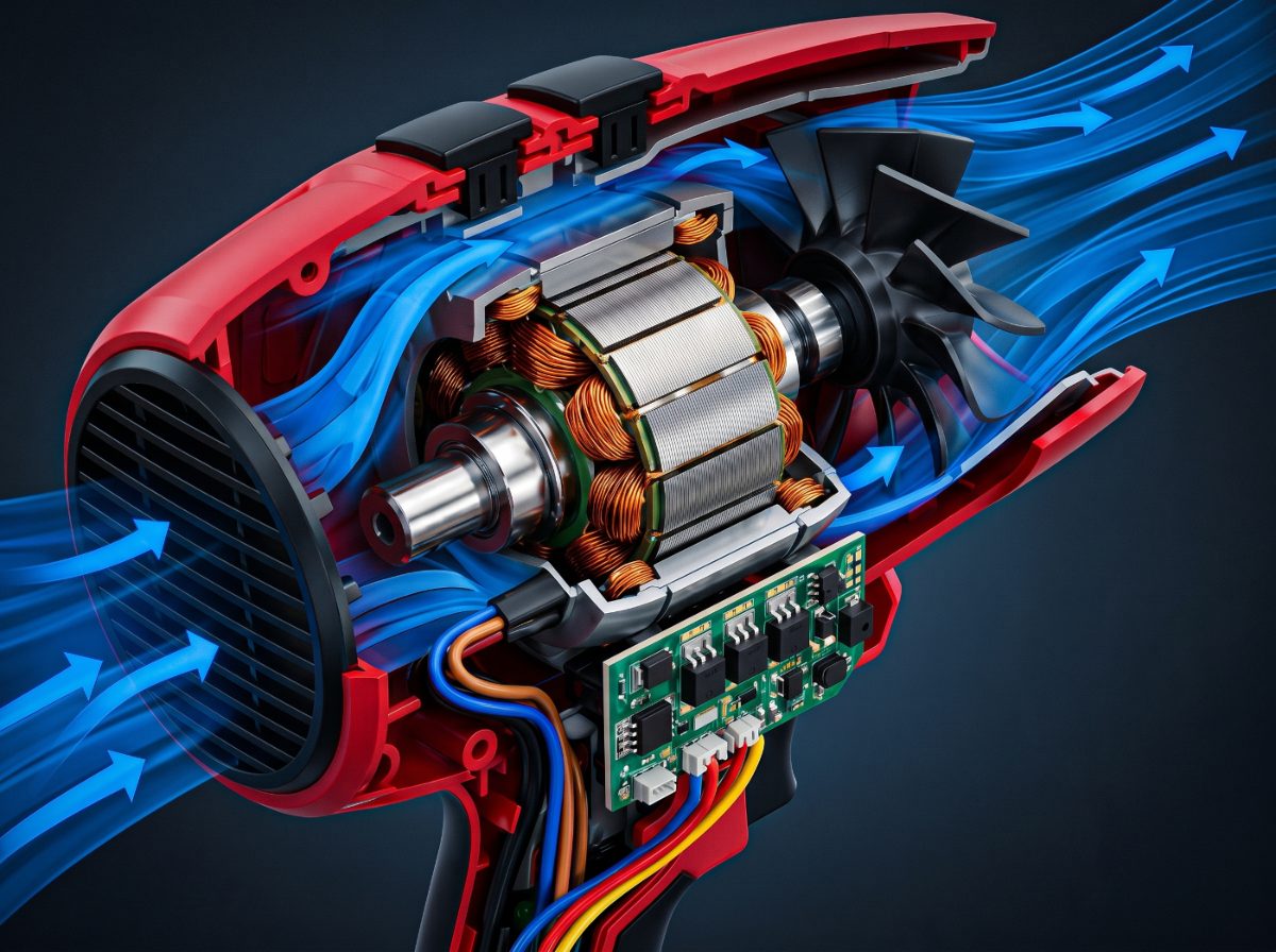 Cutaway render of the WOODRANGER Power Leaf Blower motor and impeller, with airflow drawn through the intake and out of the nozzle