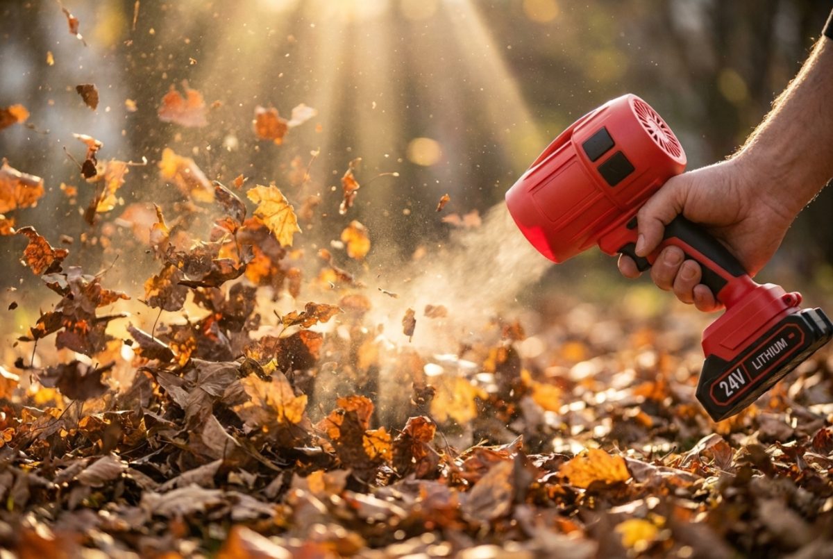 A hand holding the WOODRANGER Power Leaf Blower, clearing autumn leaves with the 24V lithium battery visible on the grip