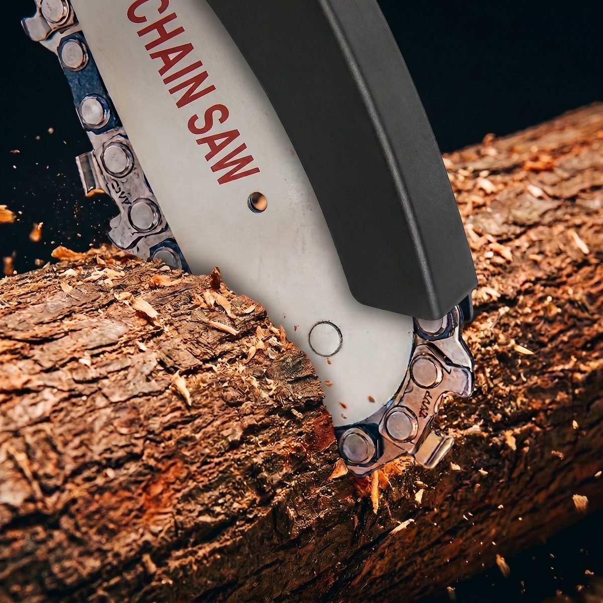 Close-up of the WOODRANGER Mini Chainsaw guide bar and chain biting into a log