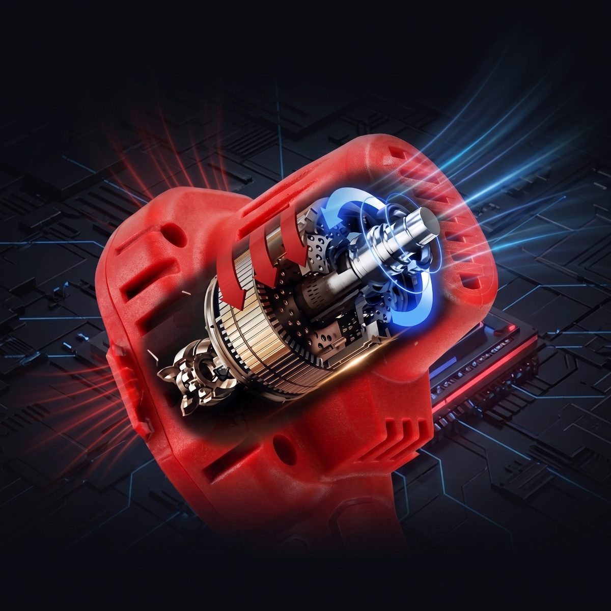 Cutaway render of the WOODRANGER Mini Chainsaw's copper motor