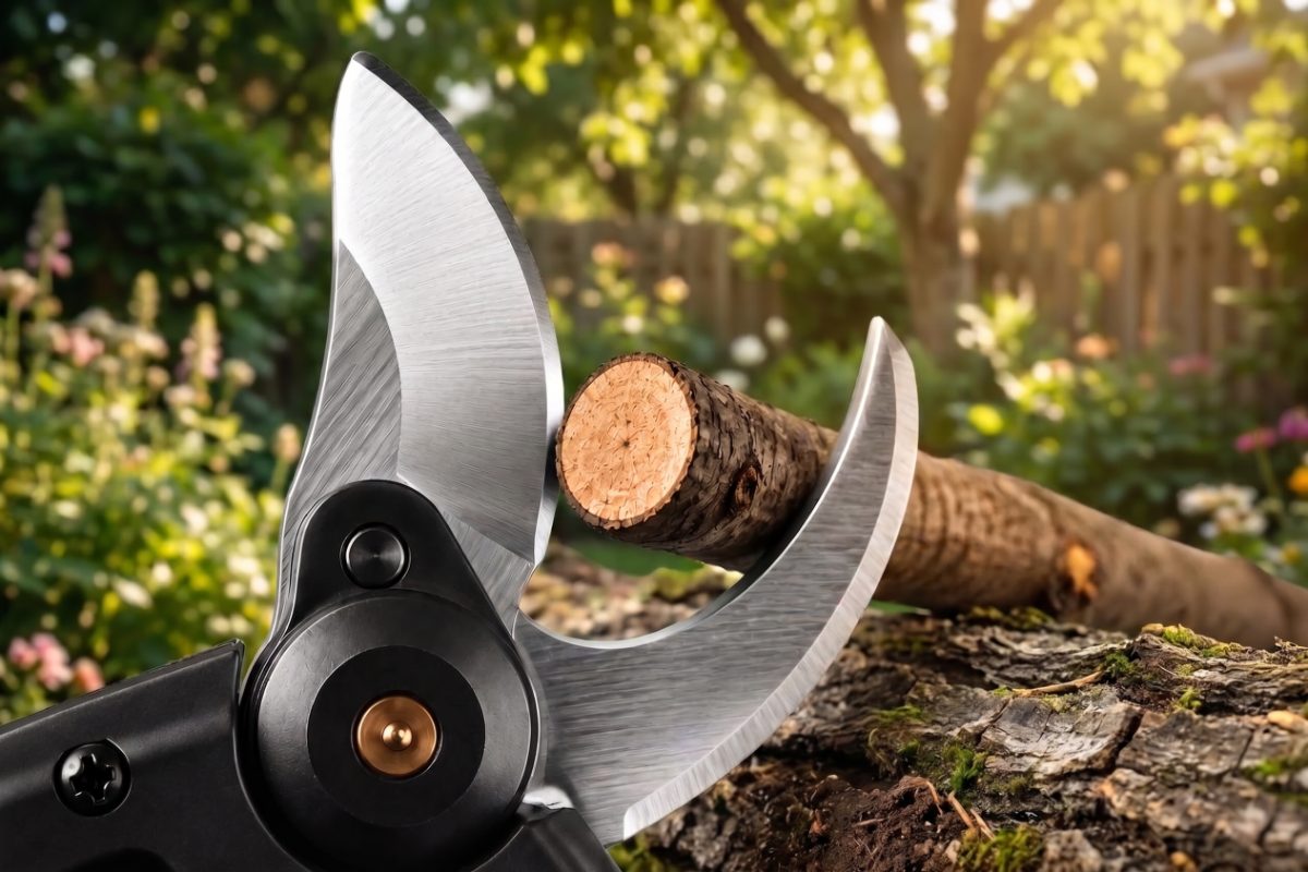 Close-up of the WOODRANGER Power Shears blades open around a cut branch in a garden
