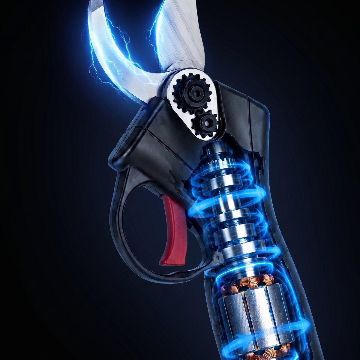 Cutaway render of the WOODRANGER Power Shears showing the motor and gear drive behind the blade