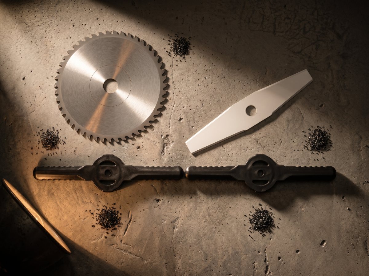 Three WOODRANGER trimmer cutting heads on dark plinths: a metal blade, a circular saw blade and a wide blade