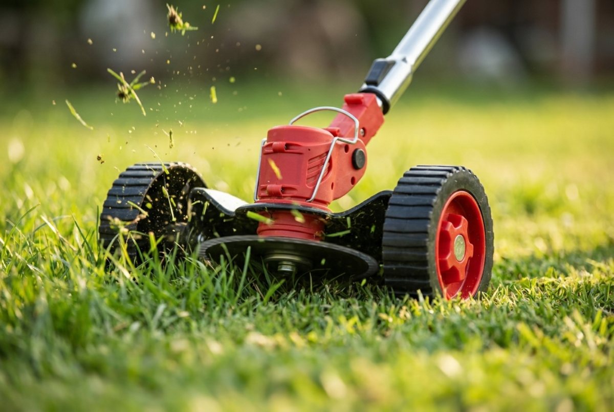 Close-up of the WOODRANGER Weed & Lawn Trimmer cutting head throwing grass clippings