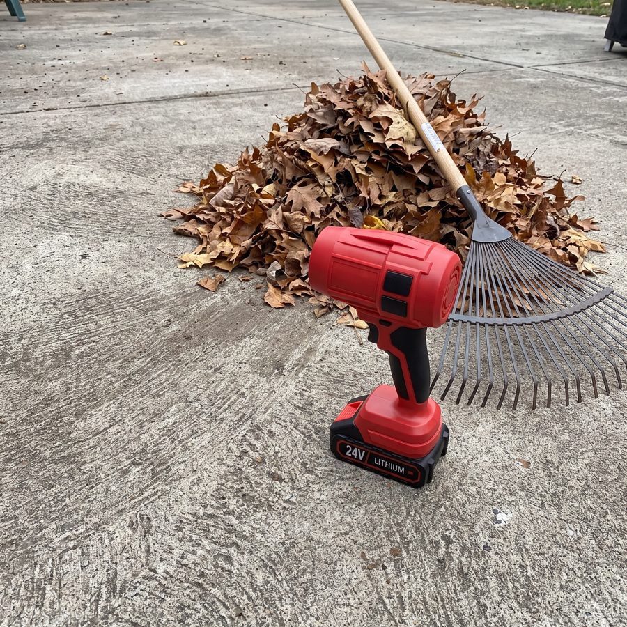 Clearing a dusty patio in under a minute with the WOODRANGER Power Leaf Blower