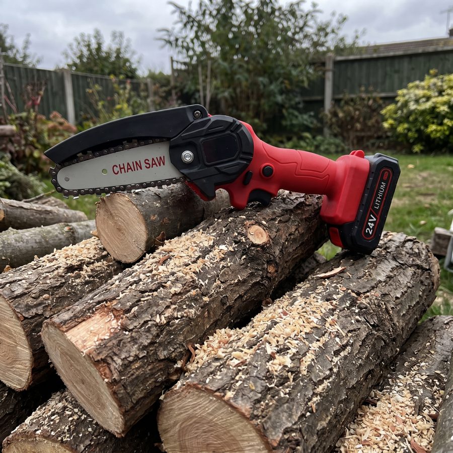 Pruning garden branches with the WOODRANGER Mini Chainsaw