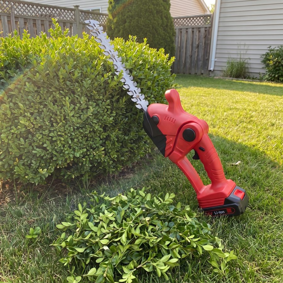 The WOODRANGER Power Hedge Trimmer cutting head rotated through 90 degrees