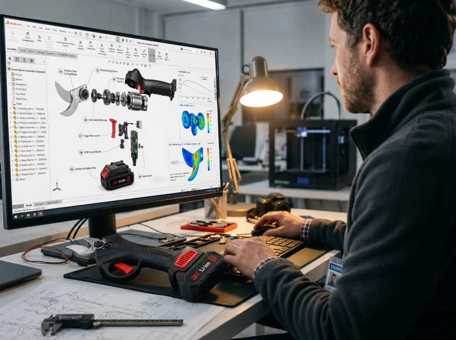 Engineer reviewing a WOODRANGER exploded-view CAD model