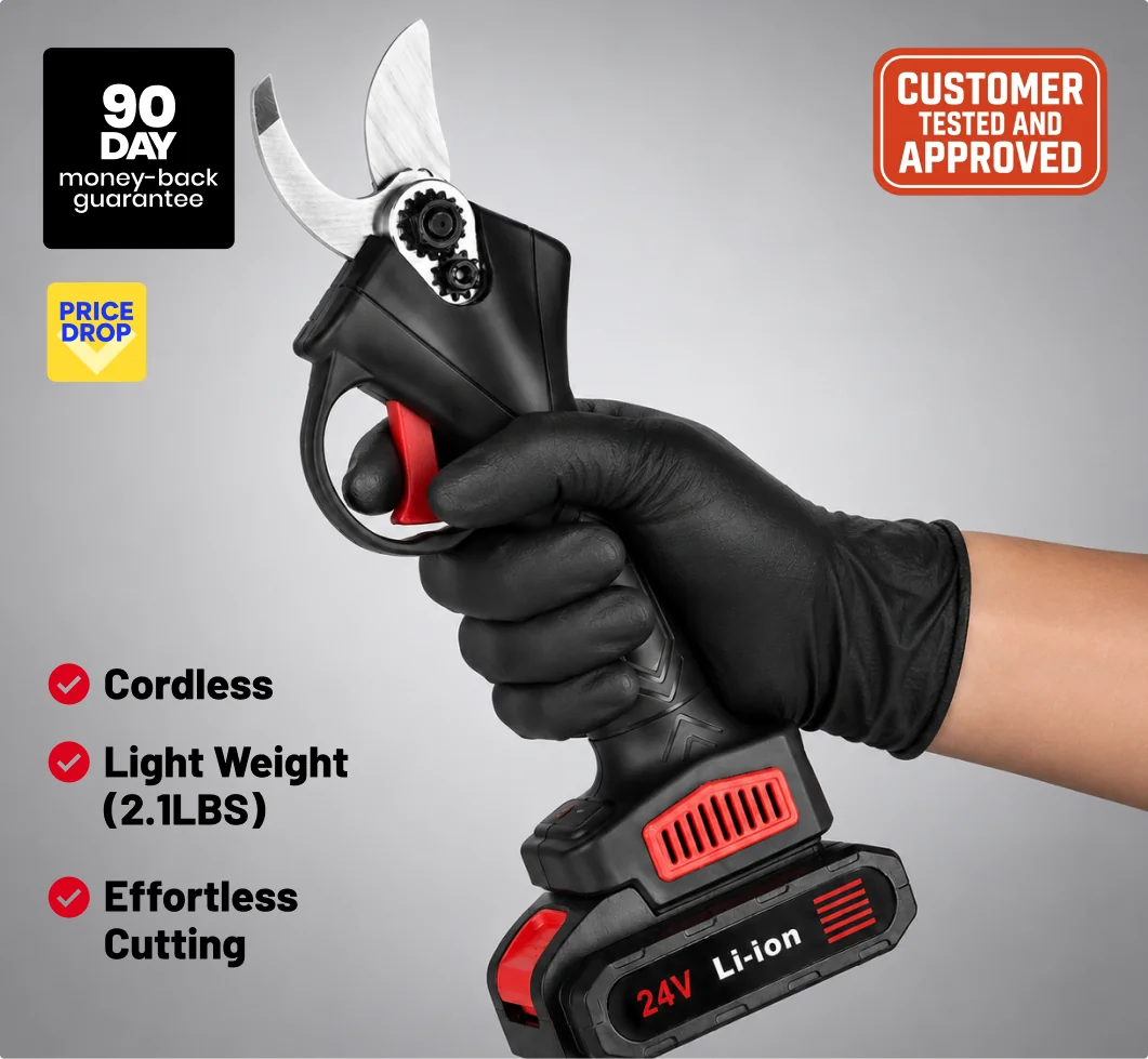 WOODRANGER power shears held in one gloved hand — cordless, 2.1 lbs, quiet operation