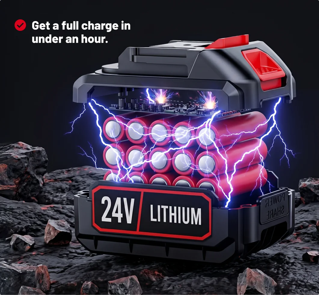 24V lithium battery — full charge in under an hour