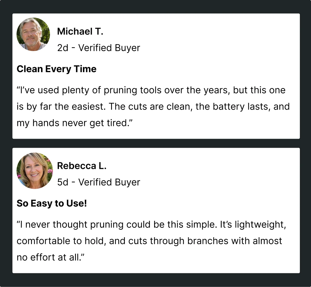 Verified buyer reviews from Derek F. and Chloe T.