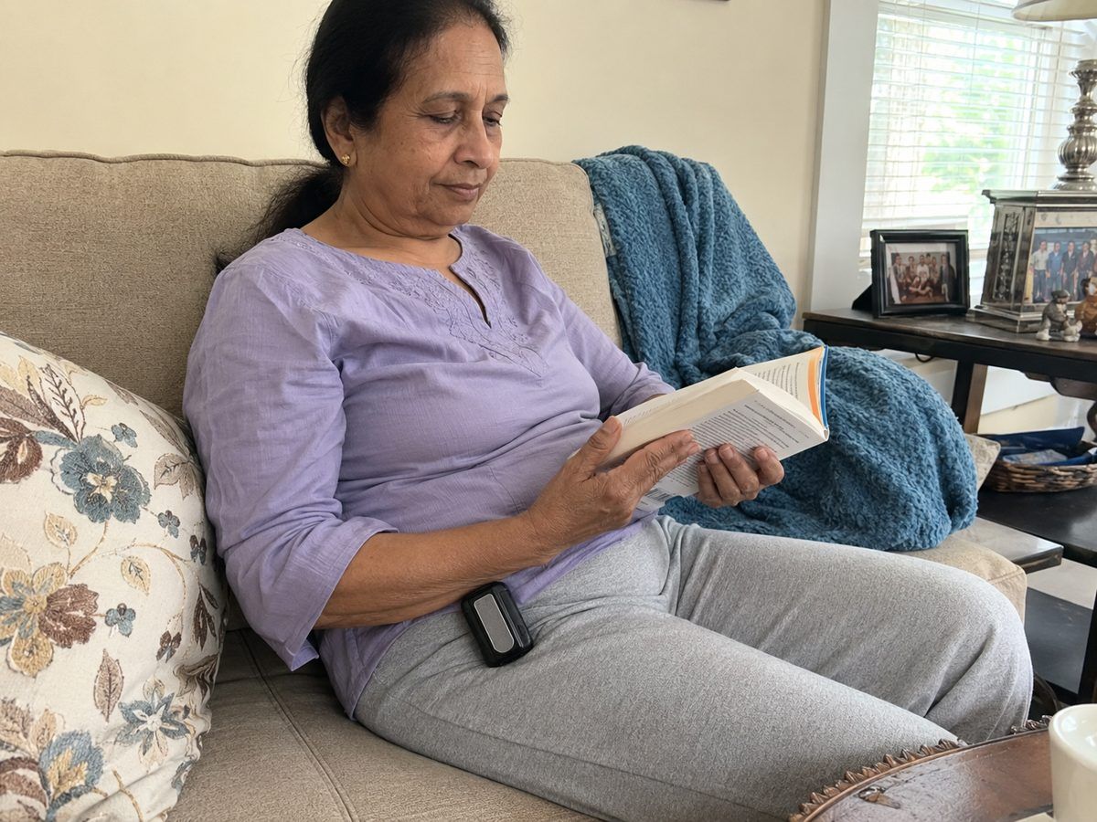 Woman reading on the couch with the Arctic Clip at her waist