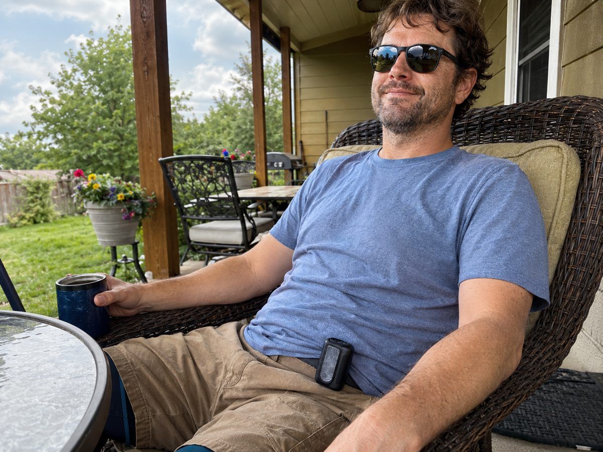 Man relaxing on a patio with the Arctic Clip on his belt