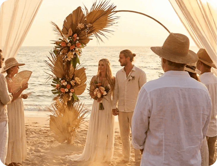Outdoor wedding guests in the sun