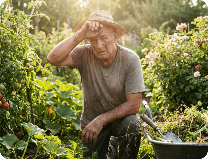 Man wiping sweat while gardening