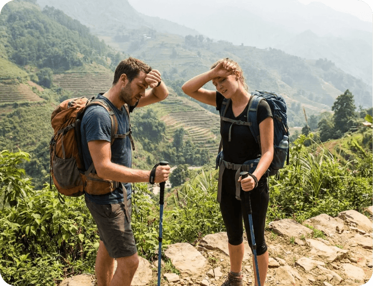 Hikers wiping sweat on a trail